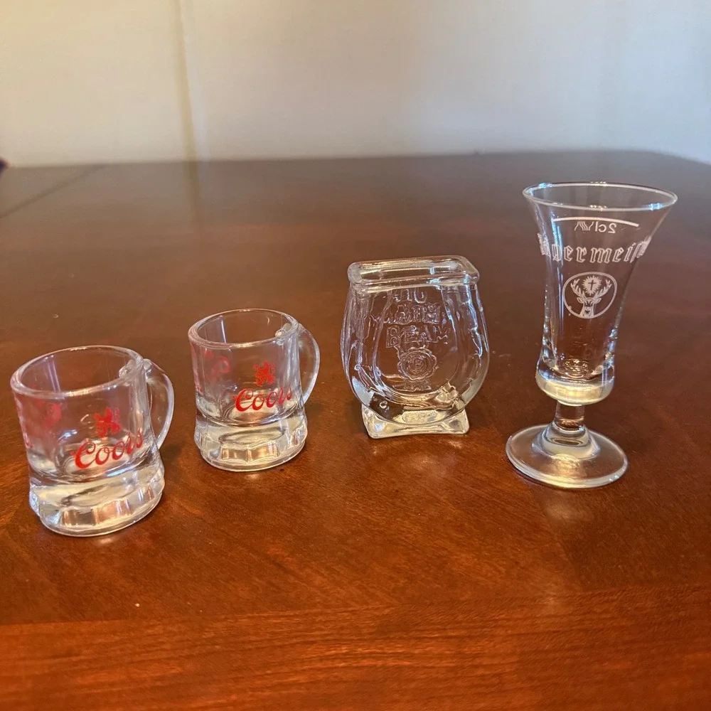 Vintage Branded Shot Glass Set Coors Jim Beam Jagermeister 4 Pieces Clear Glass
